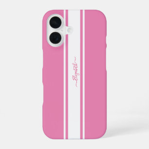 Stylish Pink White Racing Stripes Monogrammed Chic iPhone 16 Case