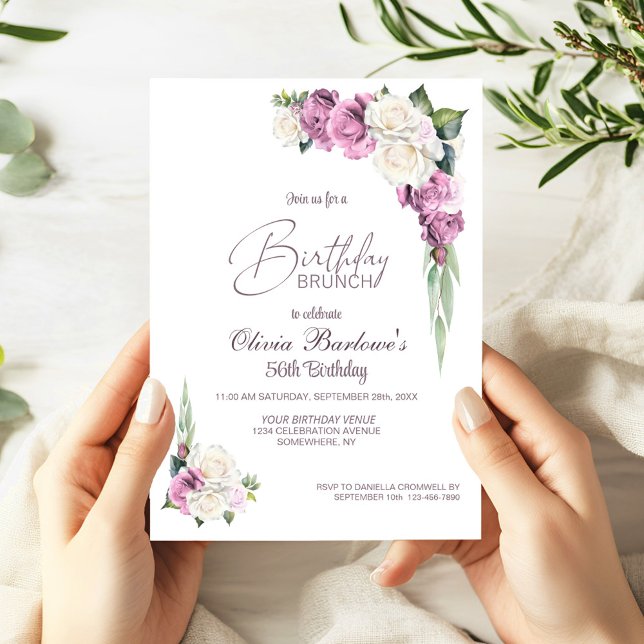 Stylish Pink White Rose Floral Birthday Brunch Invitation (Creator Uploaded)
