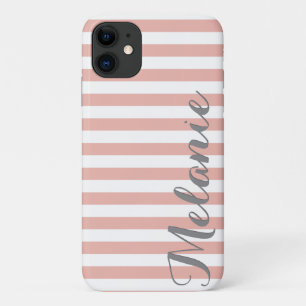 Stylish Pink White Stripes Pattern and Name iPhone 11 Case