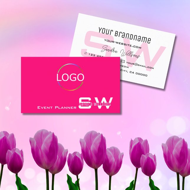 Stylish Pink White with Monogram and Logo Simple Business Card (Creator Uploaded)