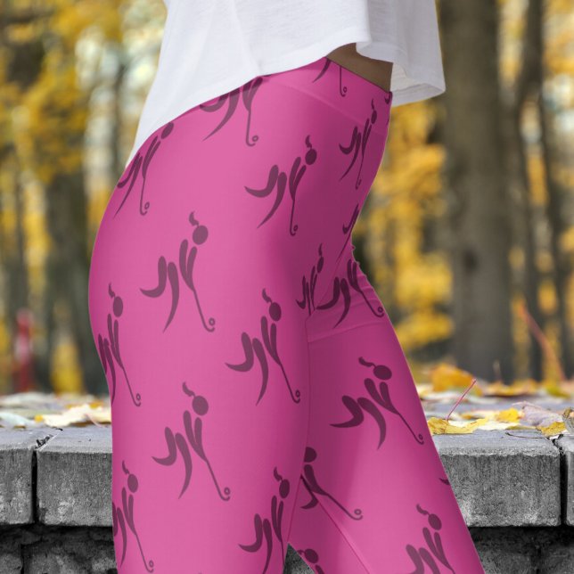 Stylish Pink Womens Hockey Pattern Leggings (Womens Hockey on Pantone Pink Leggings)
