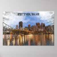 Stylish Pittsburgh Cityscape Watercolor Cityscape 