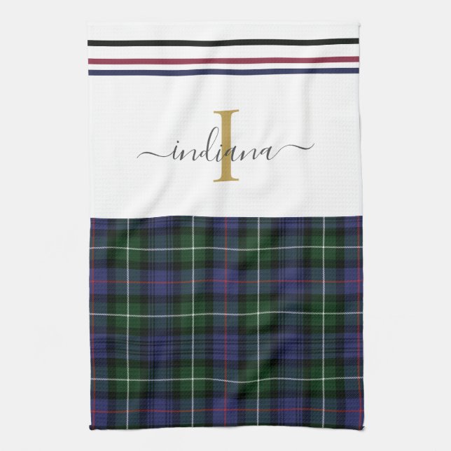 Stylish Plaid Monogram Name Rustic Clan MacKenzie Kitchen Towel (Vertical)