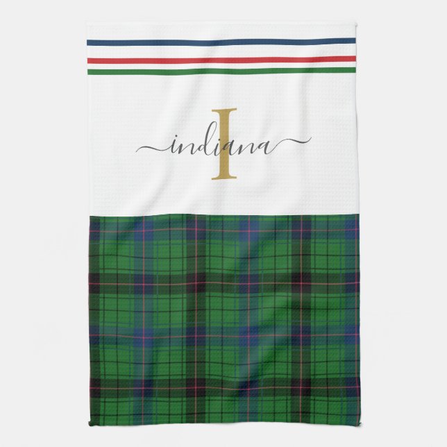 Stylish Plaid Monogram Name Rustic Tartan Kitchen Towel (Vertical)