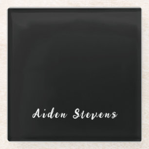 Stylish Plain Black & White Minimalist Add Name Glass Coaster