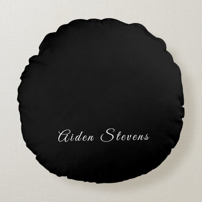 Stylish Plain Black & White Minimalist Add Name Round Pillow (Front)
