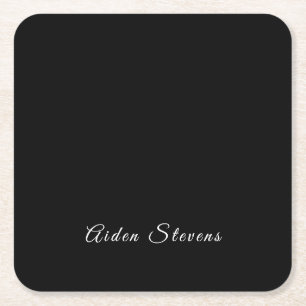 Stylish Plain Black & White Minimalist Add Name Square Paper Coaster