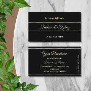 Stylish Plain Black with Chic Golden Decor Stripes Business Card