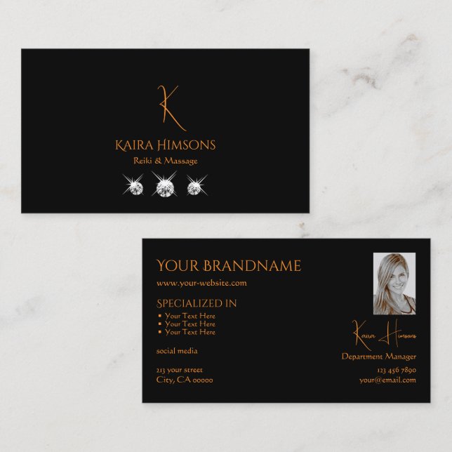 Stylish Plain Black with Monogram Photo and Jewels Business Card (Front/Back)