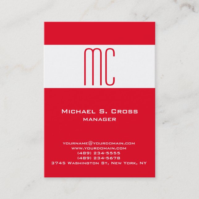 Stylish plain minimalist red white monogrammed business card (Front)