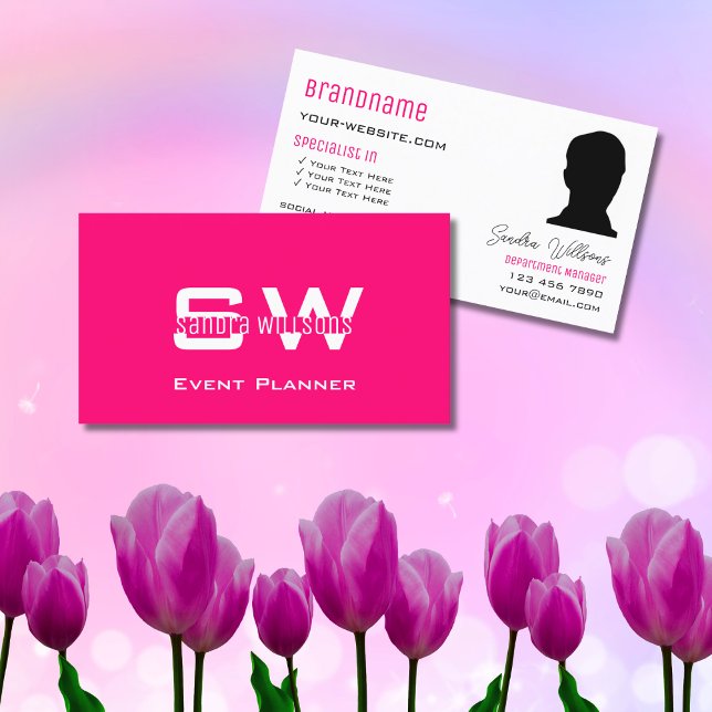 Stylish Plain Pink White with Monogram and Photo Business Card (Creator Uploaded)