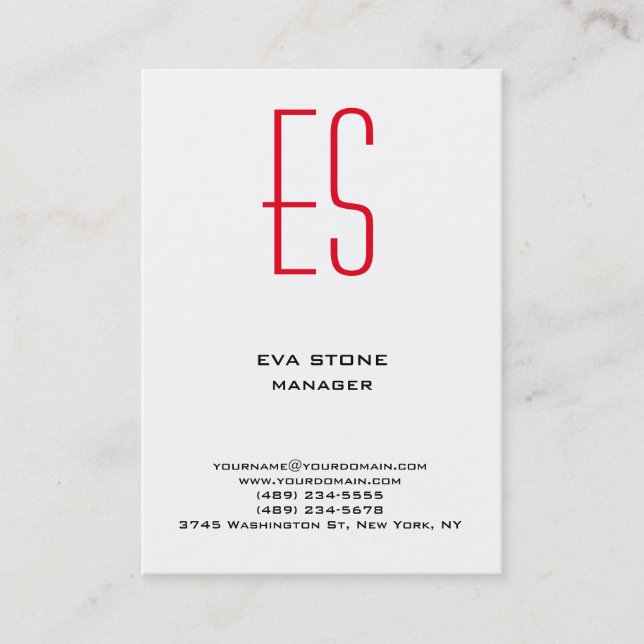 Stylish plain simple black white red monogram business card (Front)