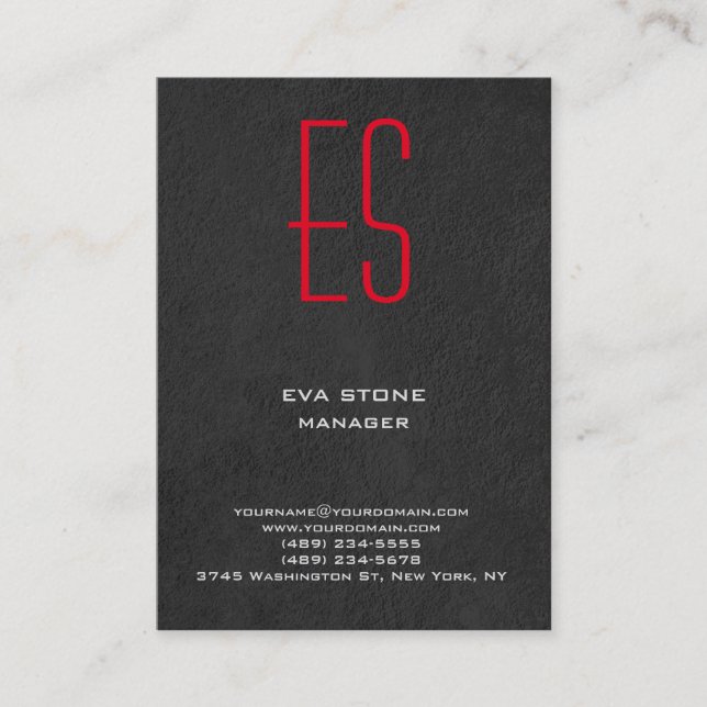 Stylish plain simple grey red monogram business card (Front)