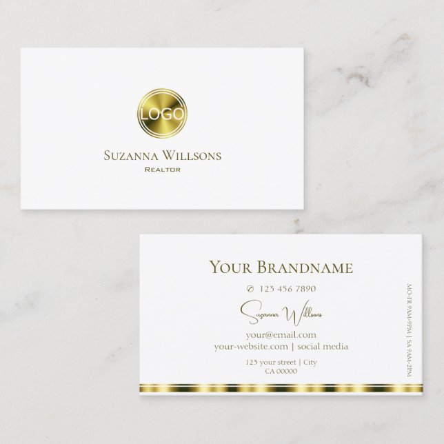 Stylish Plain White and Gold with Logo Elegant Business Card (Front/Back)