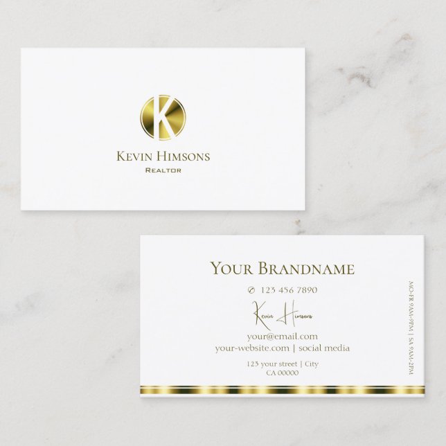 Stylish Plain White and Gold with Monogram Modern Business Card (Front/Back)