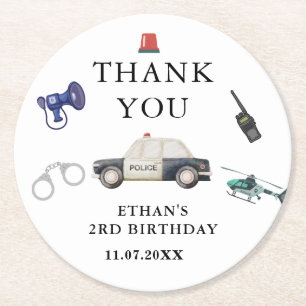 Stylish Police Kids Birthday Round Paper Coaster