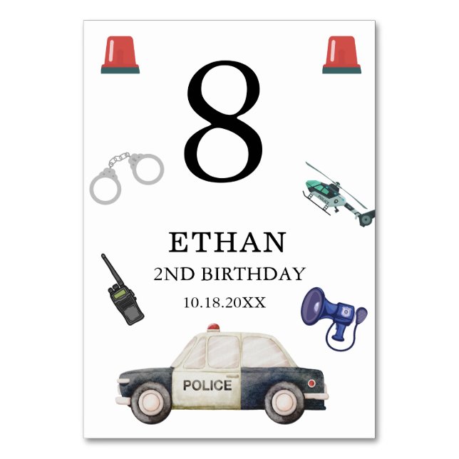 Stylish Police Kids Birthday Table Number (Front)