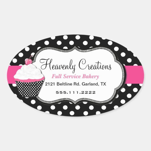 Stylish Polka Dot and Cupcake Bakery Sticker (Front)
