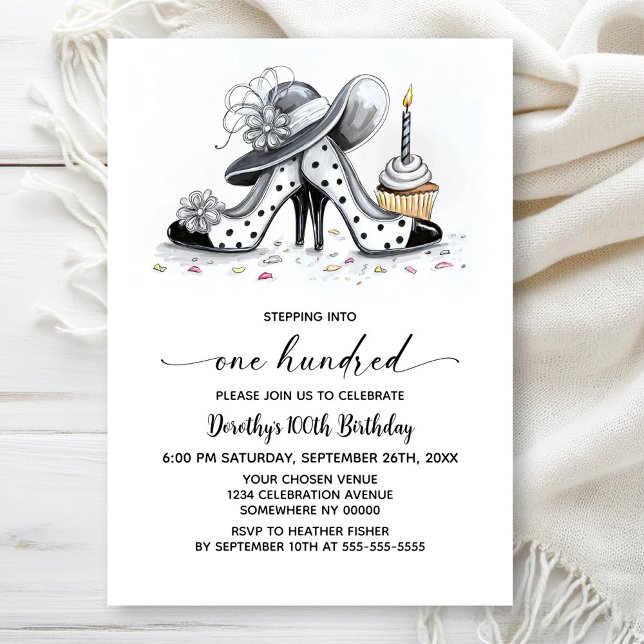 Stylish Polka Dot High Heel Shoes 100th Birthday Invitation (Creator Uploaded)