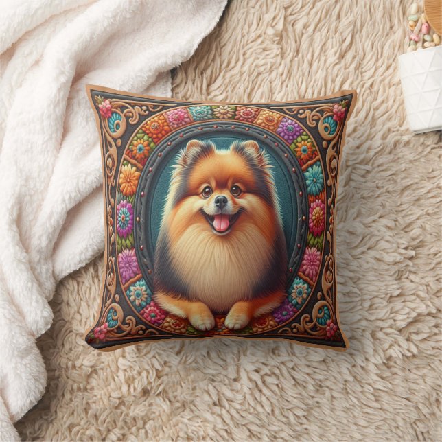 Stylish Pomeranian Dog Floral Colourful Border Throw Pillow (Blanket)