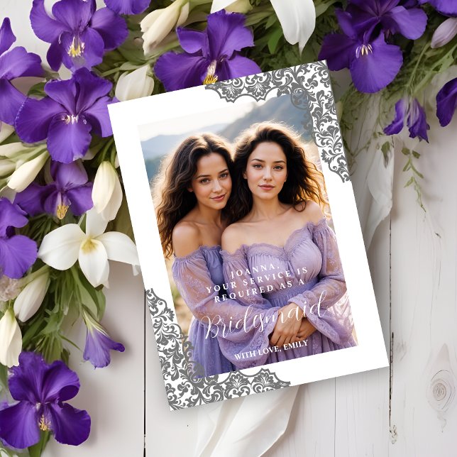 Stylish Precious Bridesmaid Grey Lace Corner Photo (Stylish Cherish Bridesmaid Grey Lace Corner Effect Photo Wedding Proposal Cards. )