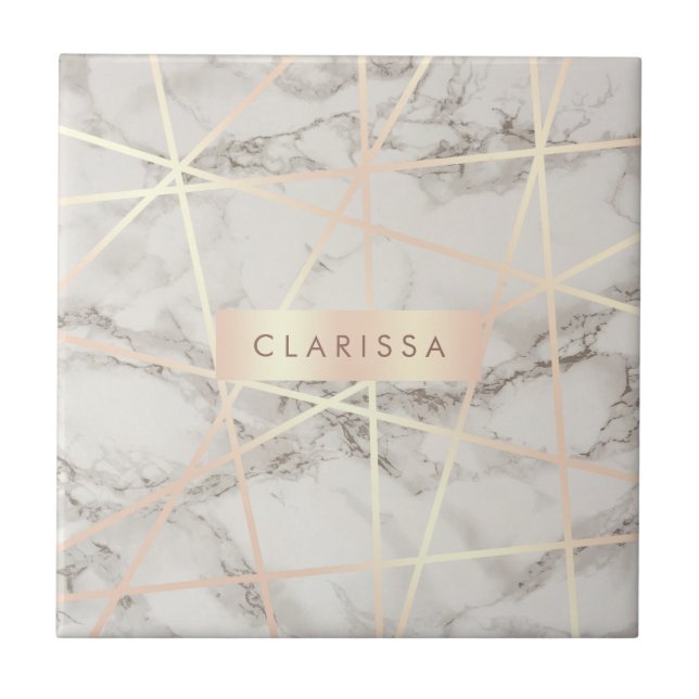 Stylish pretty chick rose gold & white marble tile (Front)