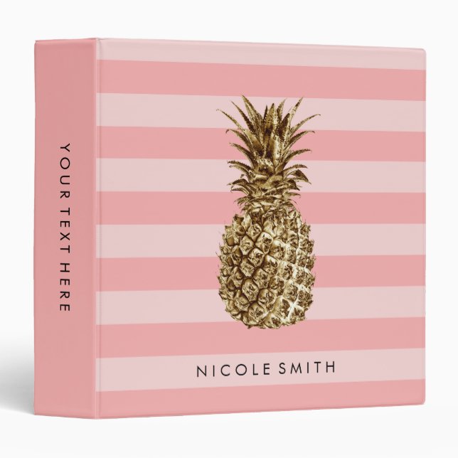 Stylish pretty girly gold pineapple & pink stripe binder (Front/Spine)