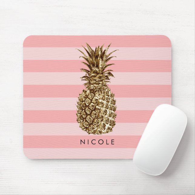 Stylish pretty girly gold pineapple & pink stripe mouse pad (With Mouse)