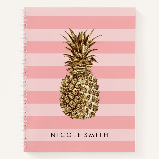 Stylish pretty girly gold pineapple & pink stripe notebook (Front)