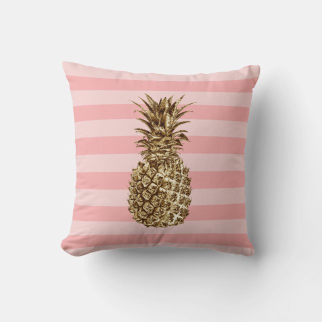 Stylish pretty girly gold pineapple & pink stripe throw pillow (Front)