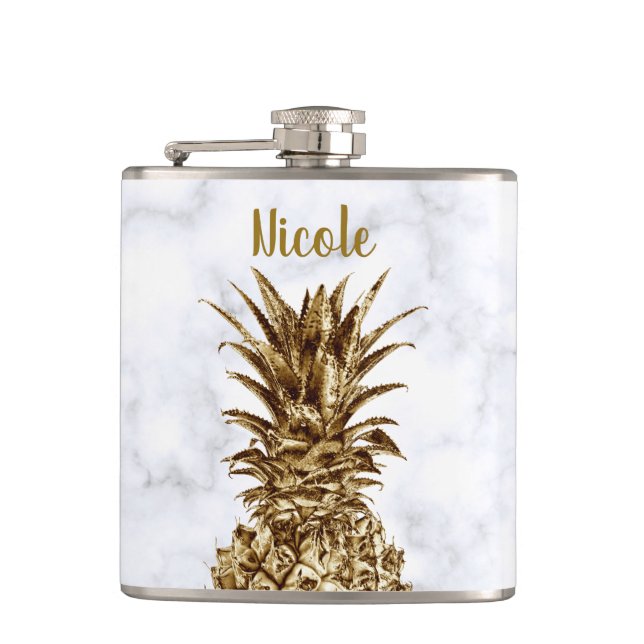 Stylish pretty girly gold & white marble pineapple hip flask (Front)
