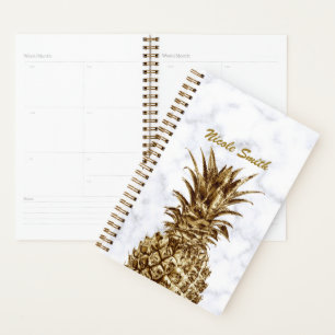 Stylish pretty girly gold & white marble pineapple planner
