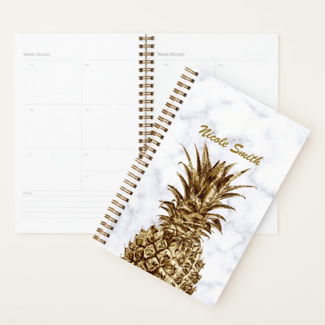 Stylish pretty girly gold & white marble pineapple planner (Display)