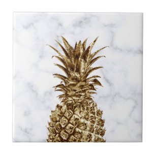 Stylish pretty girly gold & white marble pineapple tile