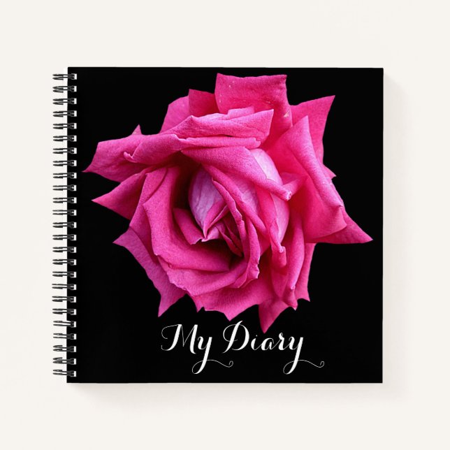 Stylish pretty hot pink rose flower black trendy notebook (Front)