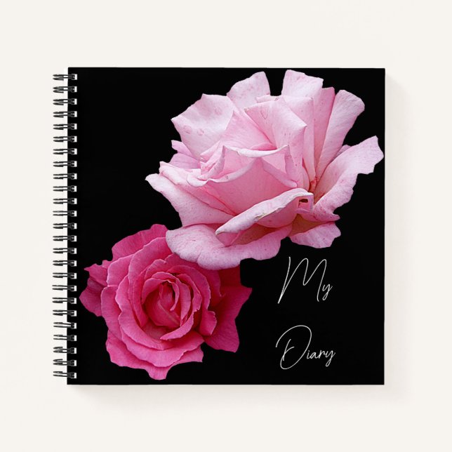 Stylish pretty pink rose flowers black trendy boho notebook (Front)