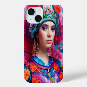 Stylish princess with floral hat iPhone 15 case