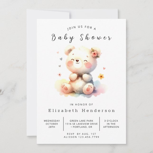 Stylish Printable Bear Baby Shower Invitation (Front)