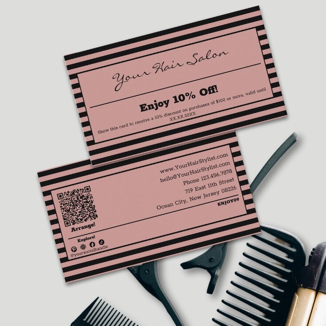 Stylish Professional Striped Hairstylist 10% Discount Card (Stylish Professional Striped Hairstylist 10% Discount Card, Terms, QR code, Social, Tracking)