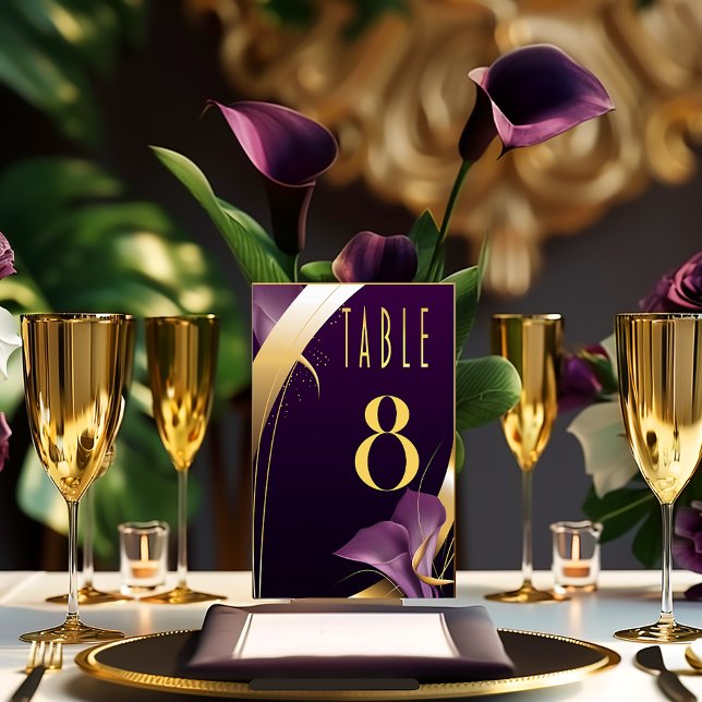 Stylish Purple and Gold Calla Lily  Table Number (Sleek Purple Calla Lily and Gold Accent Wedding Table Number  )