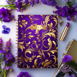 Stylish Purple and Gold Damask Monogrammed Planner