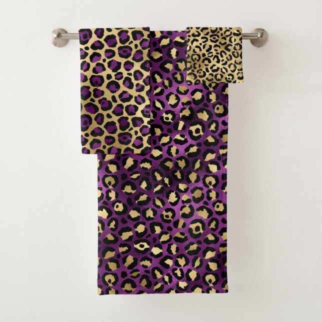 Stylish Purple and Gold Foil Leopard Spots Bath Towel Set (Insitu)