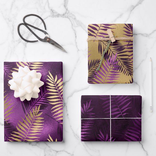 Stylish Purple and gold tropical jungle leaves Wrapping Paper Sheet (Front)