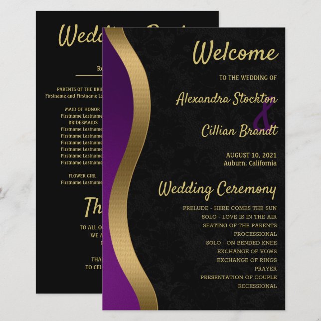 Stylish Purple and Gold Wedding Program (Front/Back)