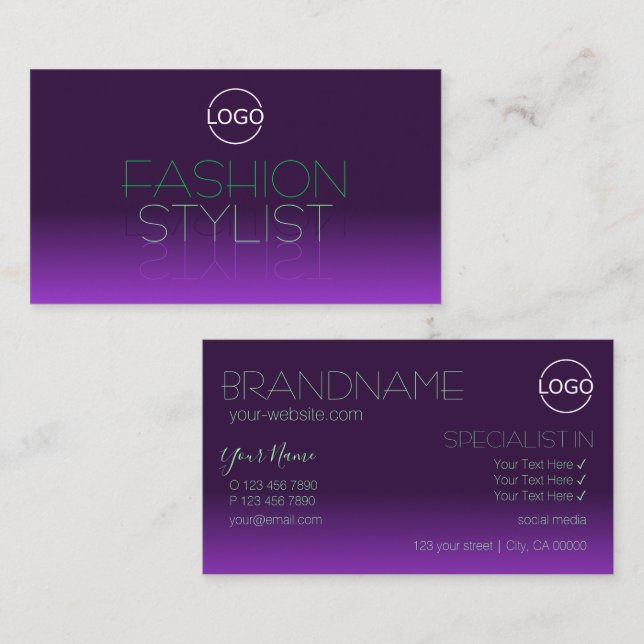 Stylish Purple and Green Mirror Letters with Logo Business Card (Front/Back)