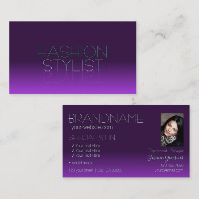 Stylish Purple and Green Mirror Letters with Photo Business Card (Front/Back)