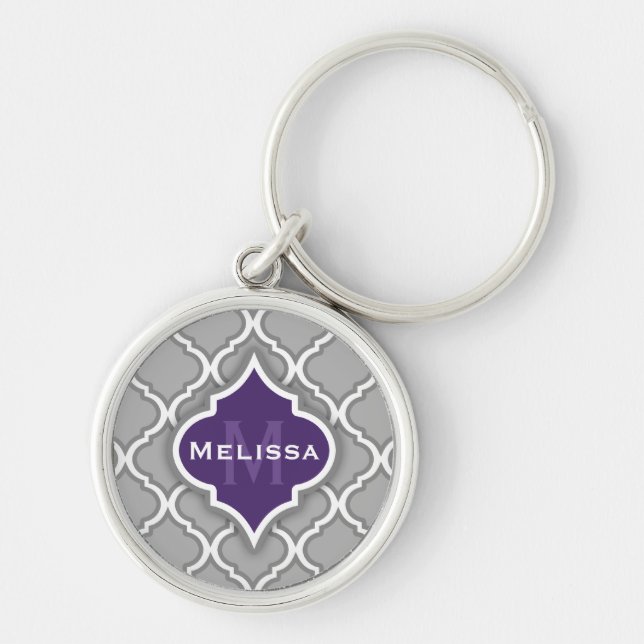 Stylish Purple and Grey Moroccan Tile Pattern Keychain (Front)