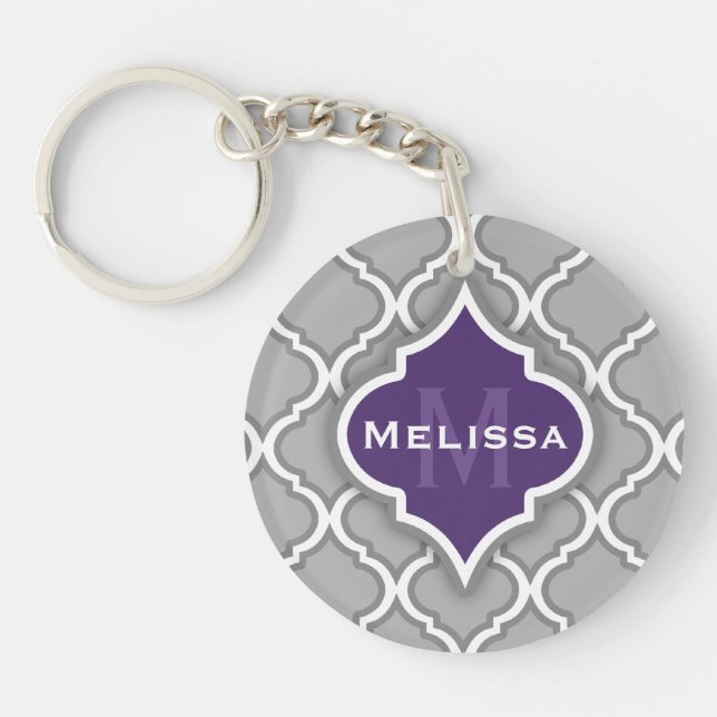 Stylish Purple and Grey Moroccan Tile Pattern Keychain (Front)