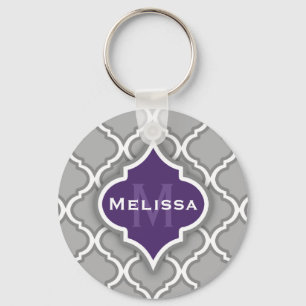 Stylish Purple and Grey Moroccan Tile Pattern Keychain