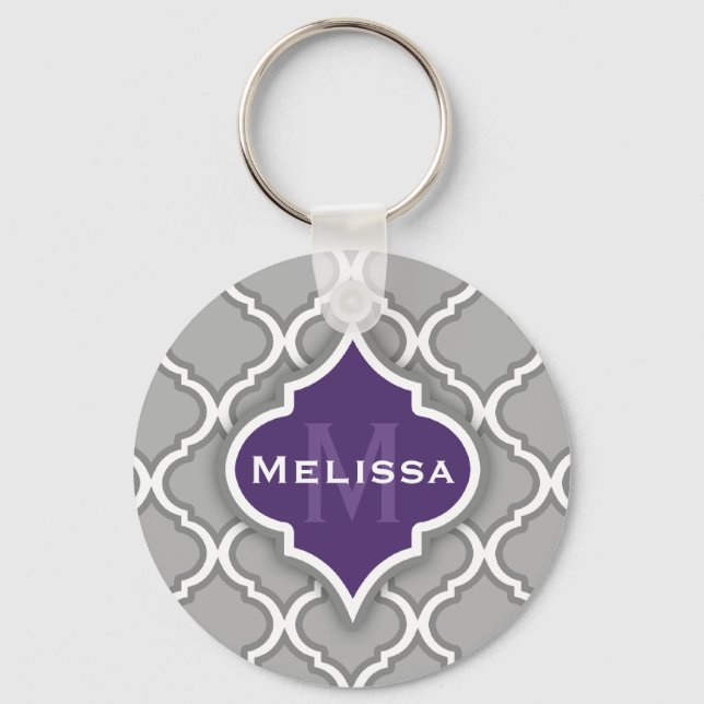 Stylish Purple and Grey Moroccan Tile Pattern Keychain (Front)